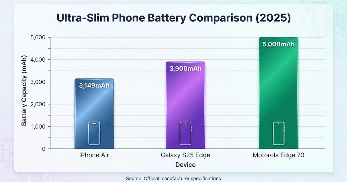 Bar chart showing Motorola Edge 70 has the largest battery among ultra-slim phones in 2025