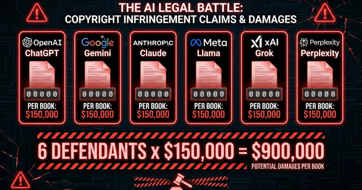 Infographic showing six AI companies sued for copyright infringement and potential damages of $900,000 per book