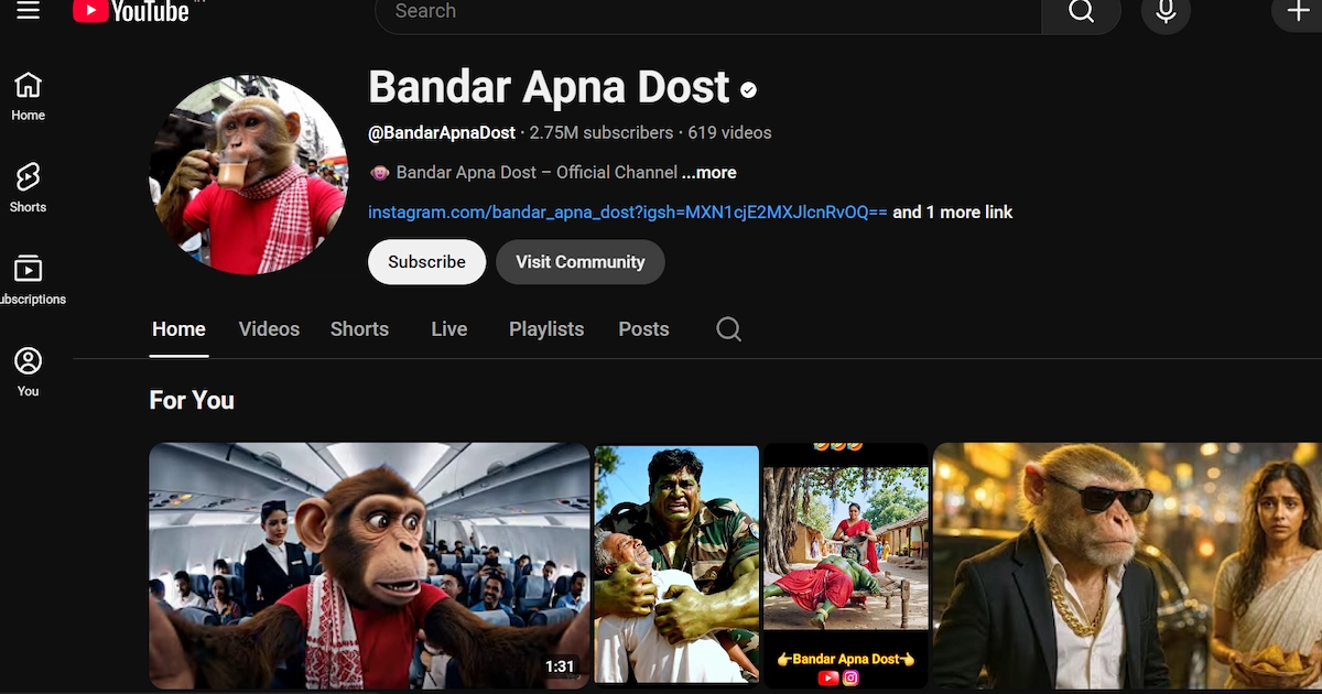 Bandar Apna Dost YouTube channel homepage showing AI-generated monkey videos