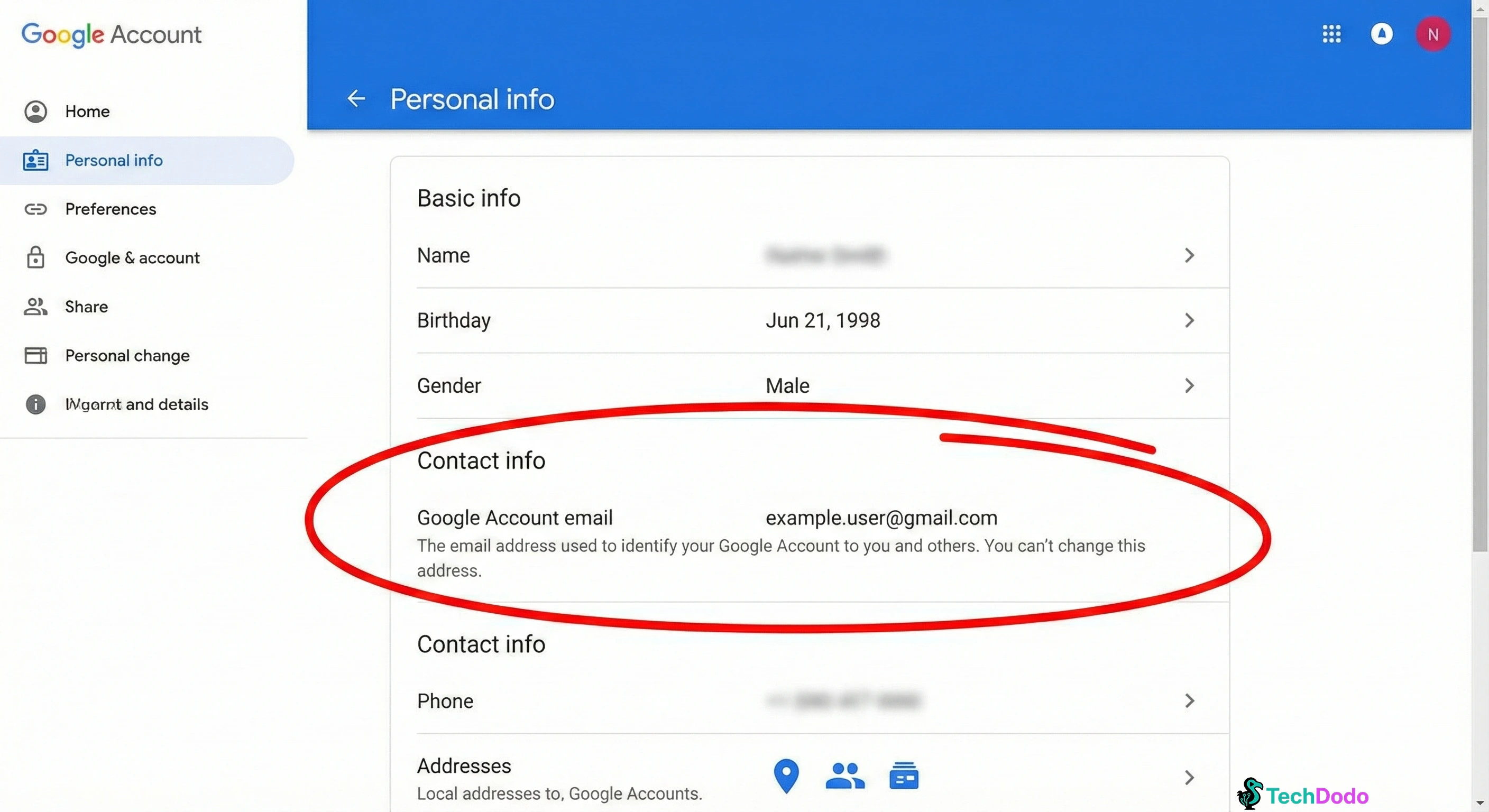 Google Account personal information settings page where Gmail address change option appears