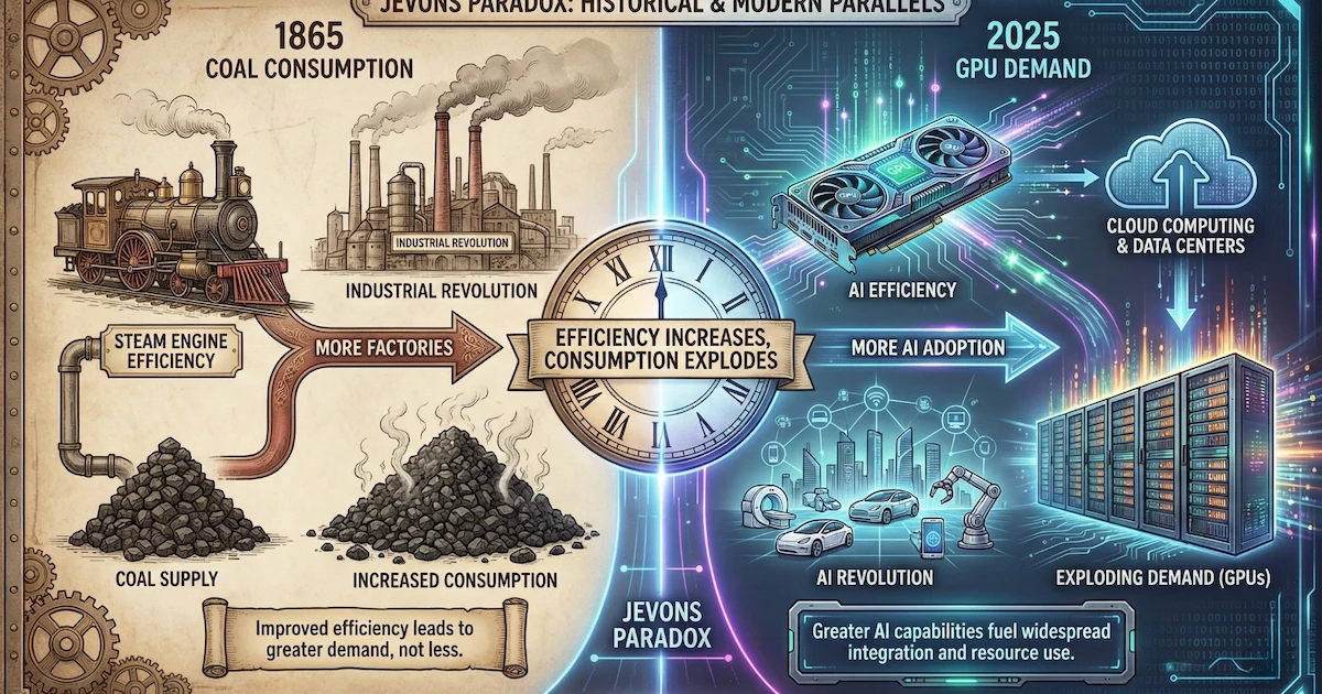 Diagram explaining Jevons Paradox with historical coal example and modern AI parallel