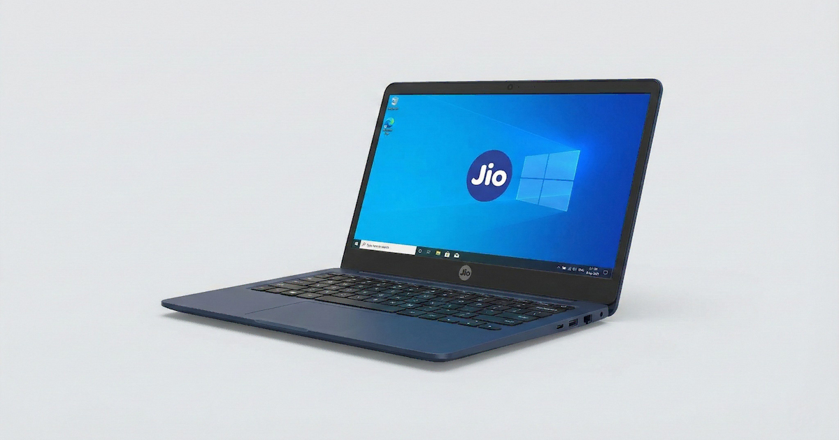 JioBook laptop in Jio Blue color showing 11.6-inch display and keyboard