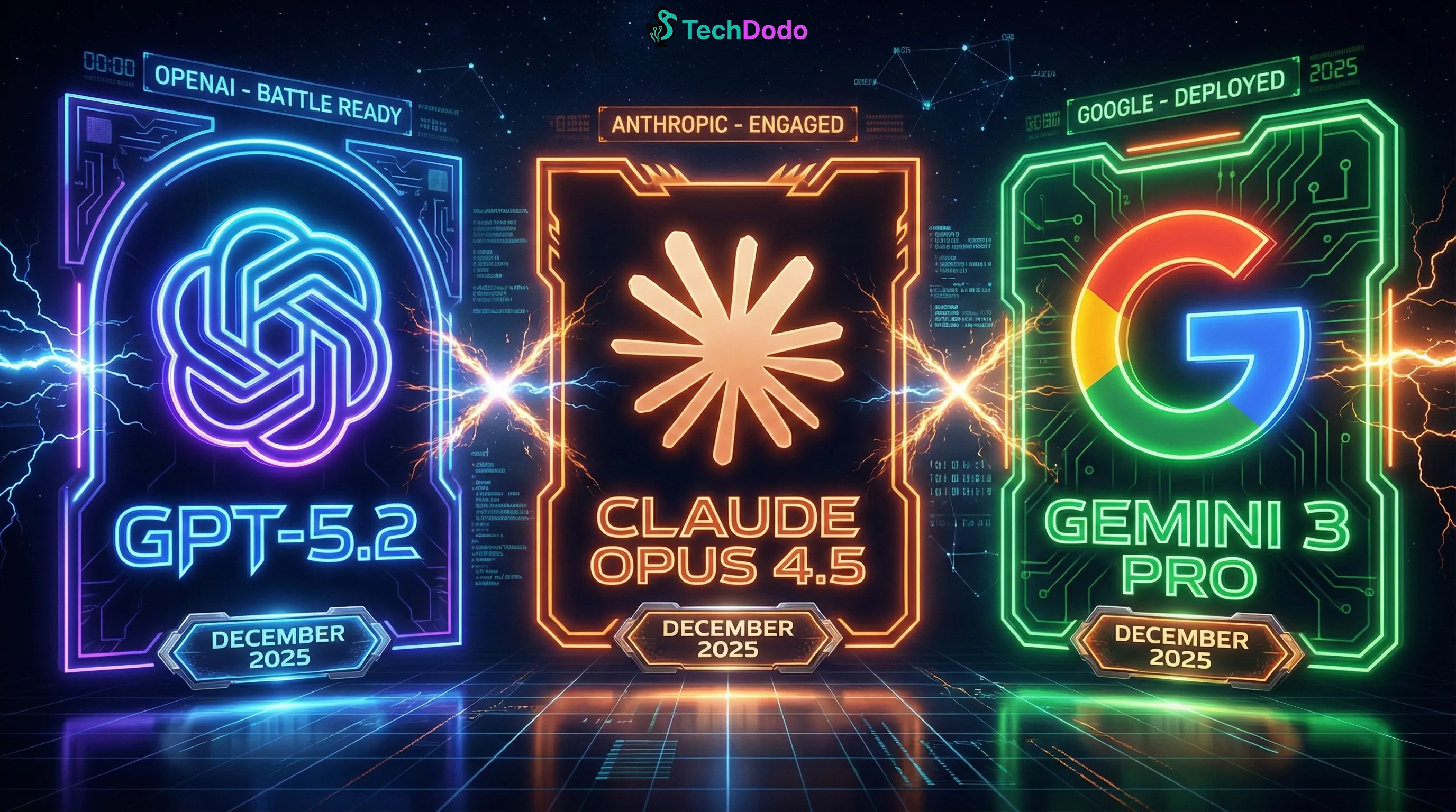AI model comparison showing GPT-5.2, Claude Opus 4.5, and Gemini 3 Pro in competitive battle formation