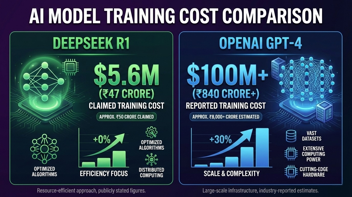 Infographic comparing DeepSeek and OpenAI AI training costs in Indian rupees
