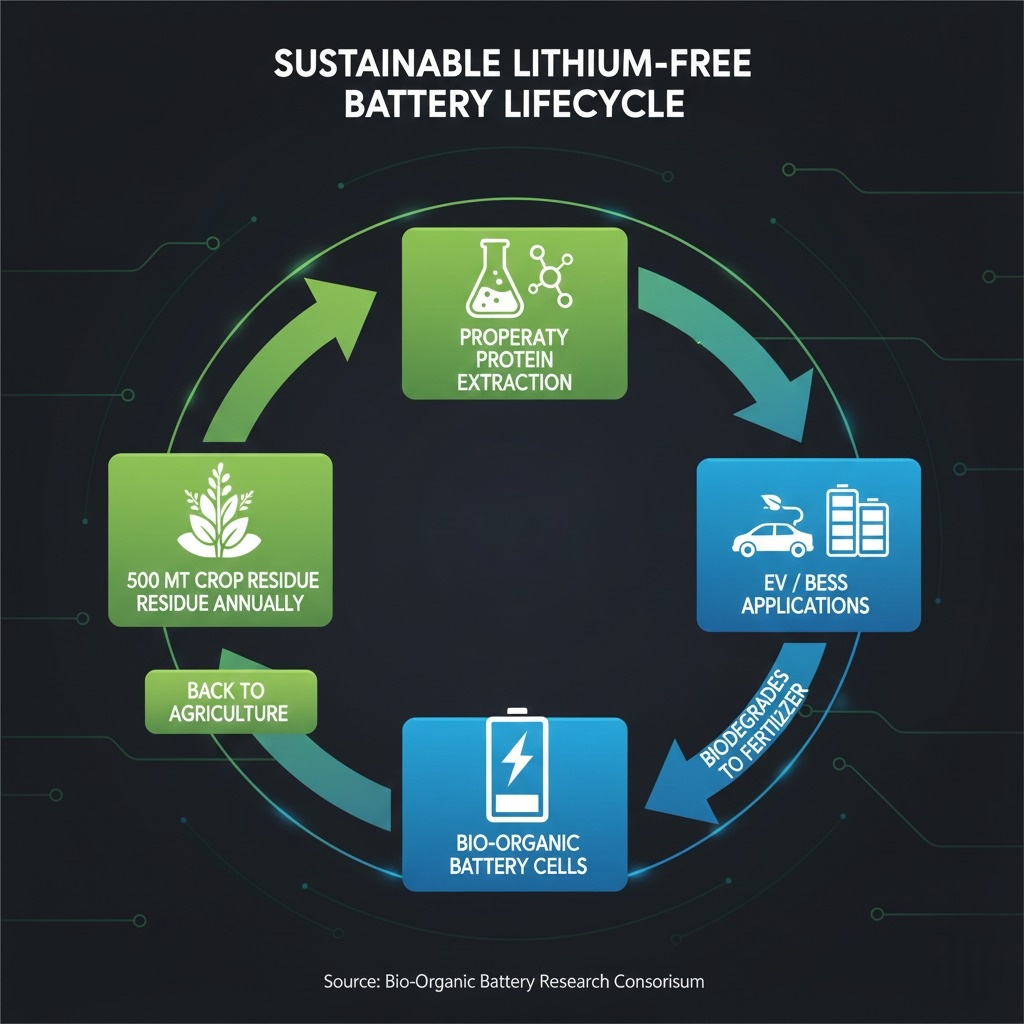 Infographic showing Nexus Power's circular economy process from crop waste to biodegradable battery to fertilizer