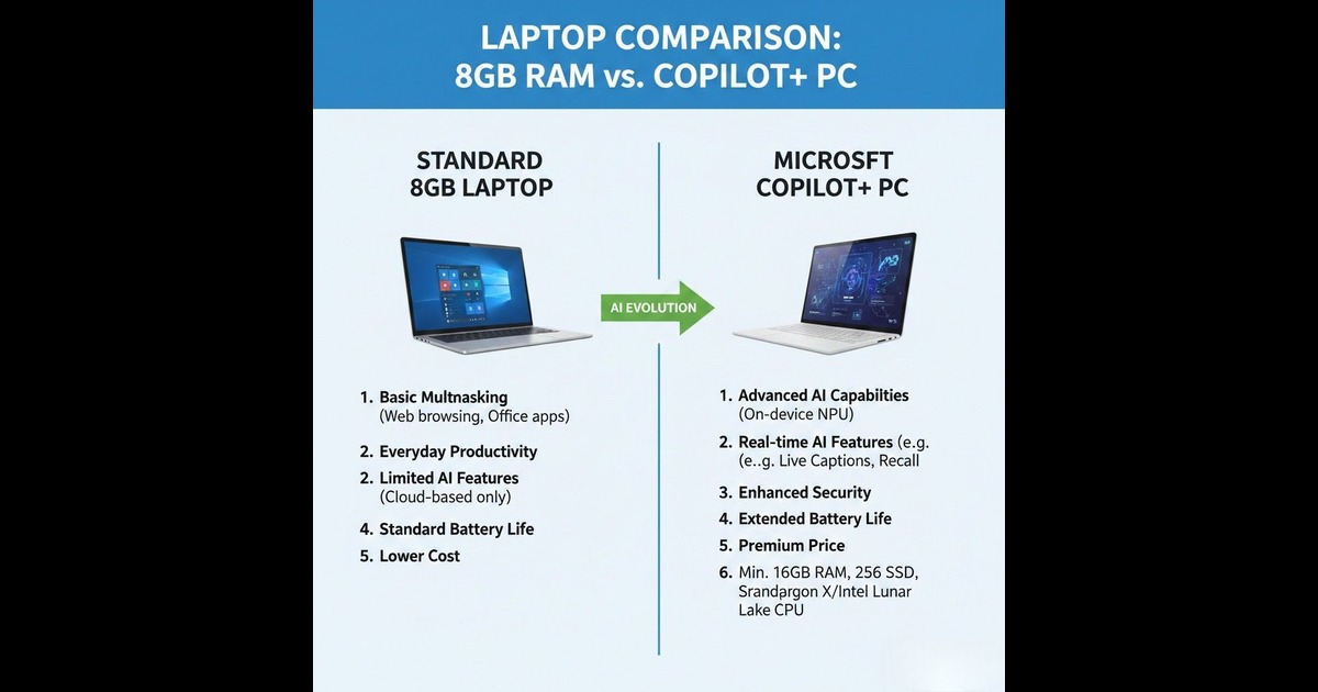 8GB vs 16GB RAM laptop requirements for Windows AI features Copilot Plus PC India comparison