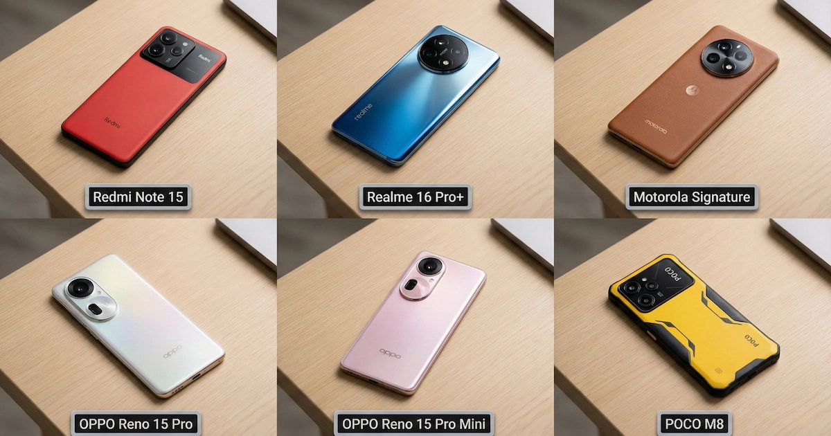 January 2026 smartphone launches India - Redmi Note 15, Realme 16 Pro+, Motorola Signature, OPPO Reno 15 series