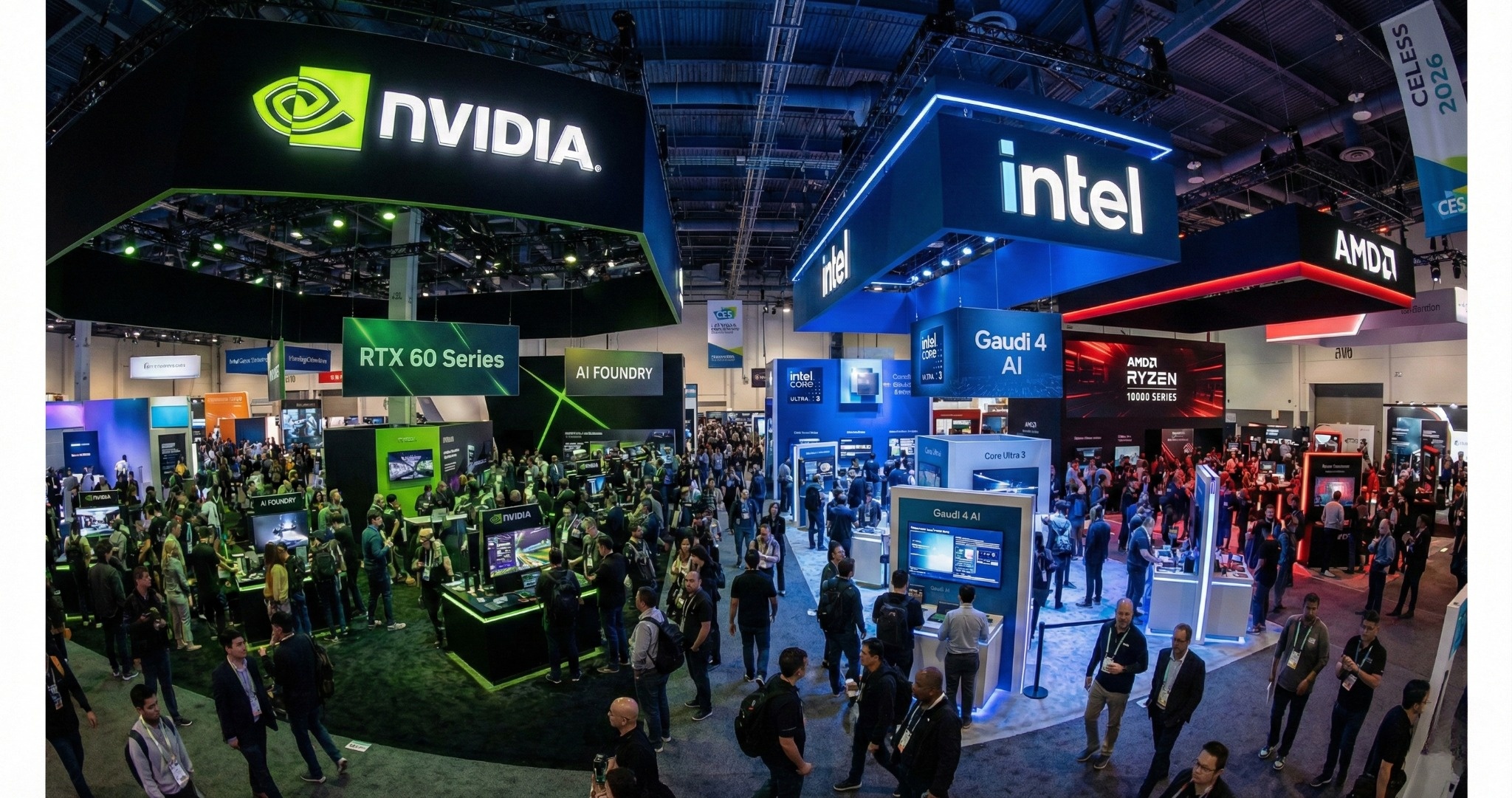 CES 2026 Las Vegas show floor with Nvidia, Intel, AMD booth displays