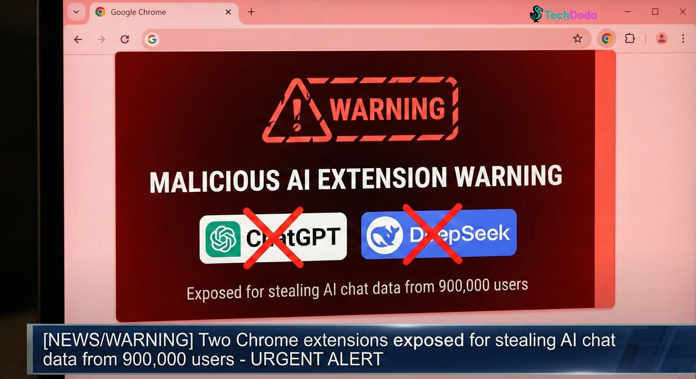 Chrome browser with malicious AI extension warning showing ChatGPT and DeepSeek logos with red alert overlay