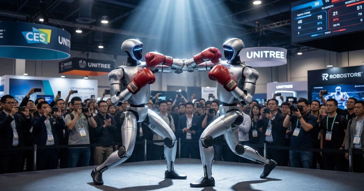 Unitree G1 humanoid robots boxing at CES 2026