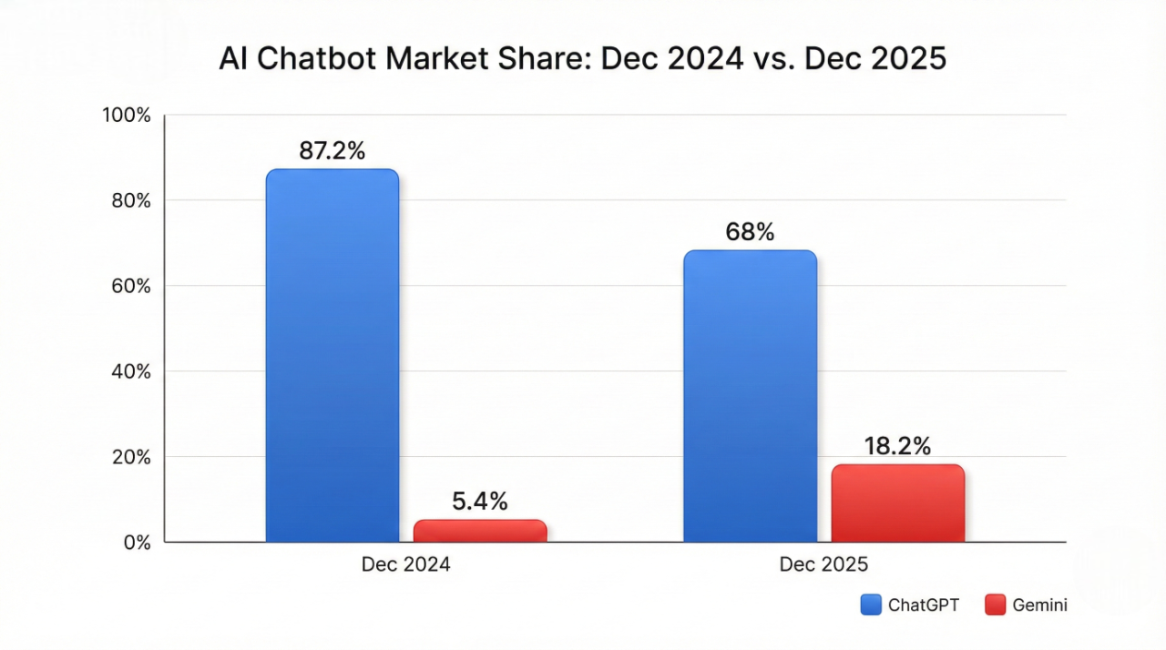 ChatGPT vs Gemini market share comparison December 2024 vs December 2025