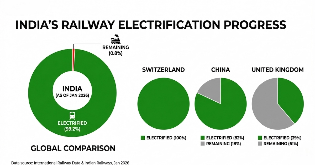 India railway electrification 2025 compared to global networks