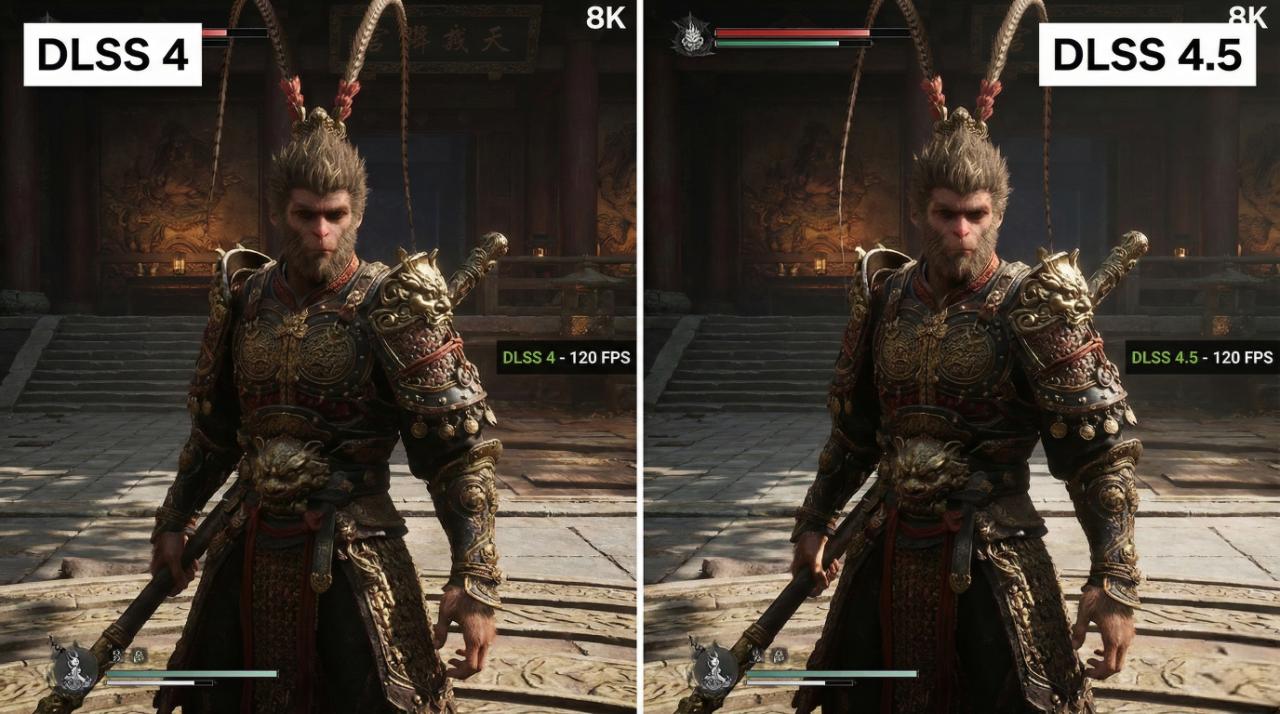 DLSS 4 vs DLSS 4.5 comparison in Black Myth: Wukong showing improved lighting and detail