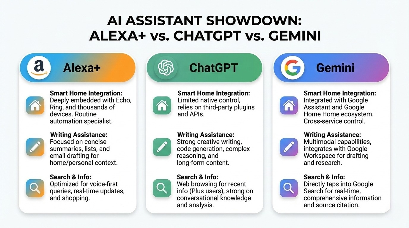 Alexa+ vs ChatGPT vs Google Gemini AI assistant comparison for Indian users