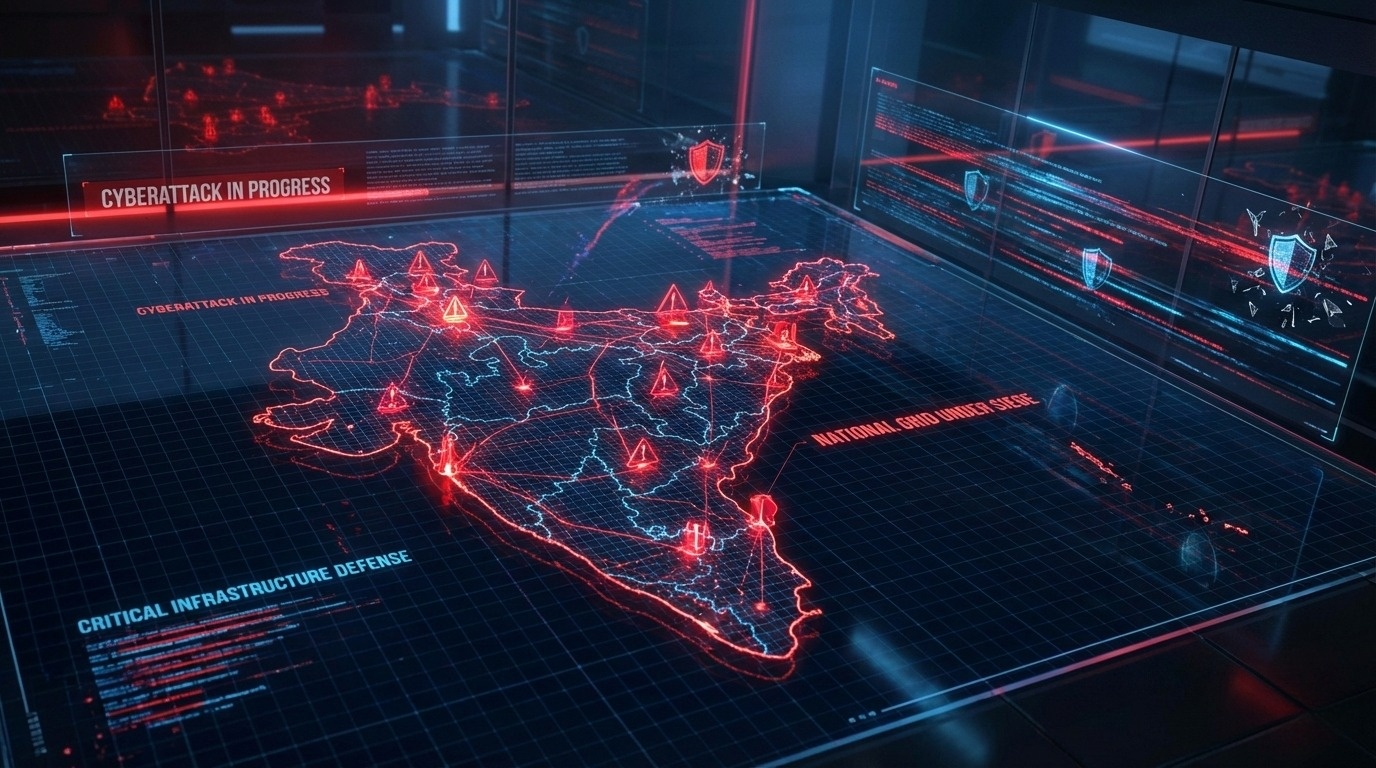 Cybersecurity threats India 2026 visualization showing enterprise network under attack